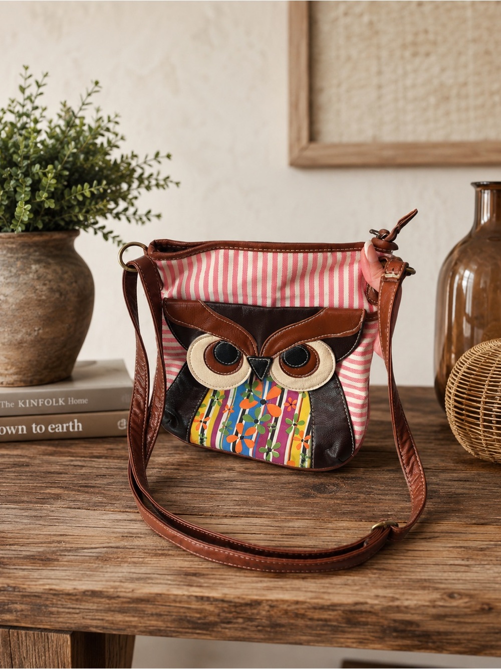Striped Pink Owl Crossbody Bag with Floral Accent